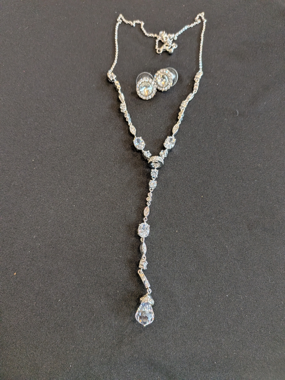 Silver Crystal Y-Drop Necklace 12"and Stud Earrings Set
